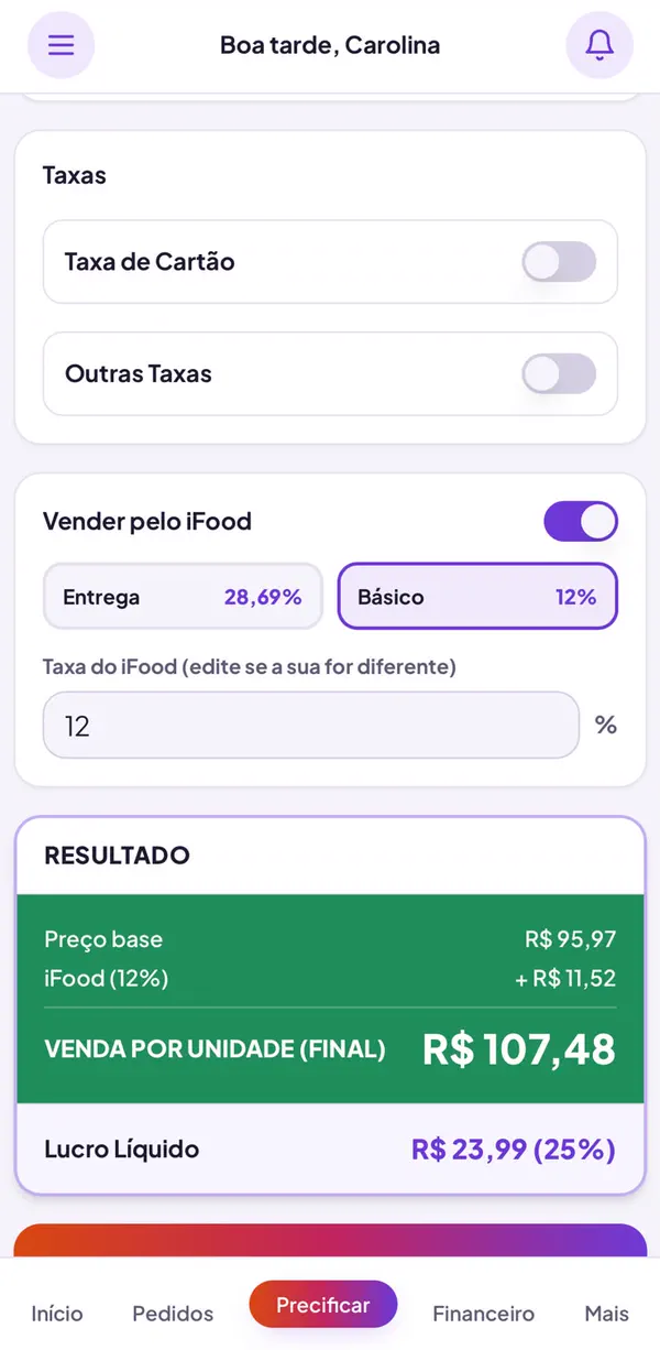 Tela de precificação do app Meu Preço Fácil